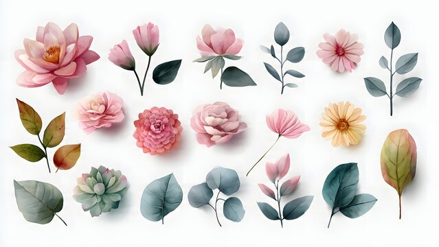 Soft Pink and Blue Floral Watercolor Arrangement on White Background
