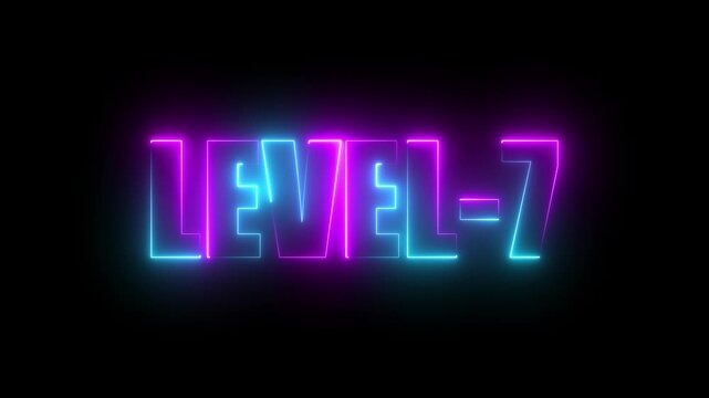 Level -7 neon bright text font, colorful motion animation. Ideal for futuristic game intros animation. Neon level 7 up sing on a black background.4k video.