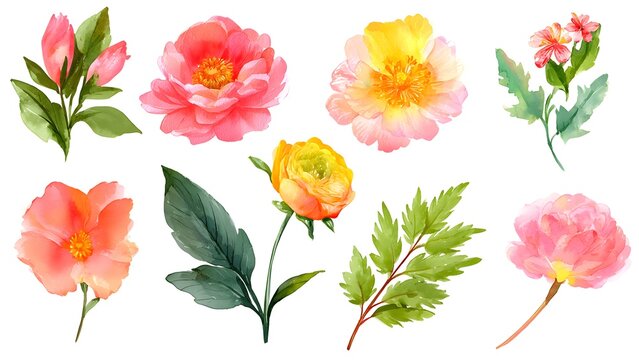 Vibrant Watercolor Flowers Set Blooming Brightly