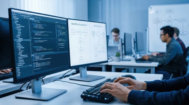Software developer designing workflow automation tools in a modern technology workspace