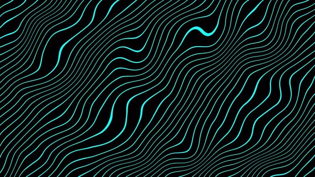 Abstract Cyan Wavy Lines Motion Graphics Representing Topographical Map Contours Sound Waves Tech Pattern or Fluid Movement Isolated on Black Background Loop.