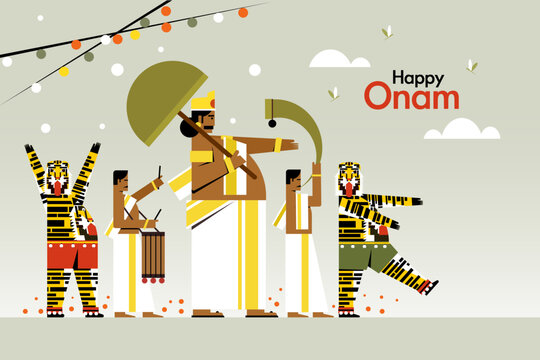 Happy Onam greeting vector illustration featuring Mahabali leading a festive Pulikali tiger dance procession with traditional musicians, celebrating the rich cultural heritage of Kerala, India