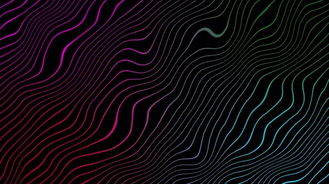 Abstract neon wavy lines background multicolor gradient glowing curve wave pattern fluid motion topographic soundwave backdrop seamless loop video isolated on black.