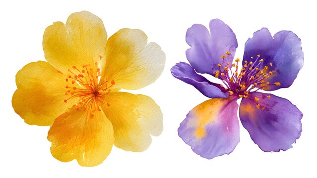 Vibrant Yellow and Purple Watercolor Flowers Side by Side