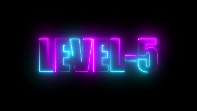 Level -5 neon bright text font, colorful motion animation. Ideal for futuristic game intros animation. Neon level 5 up sing on a black background.4k video.