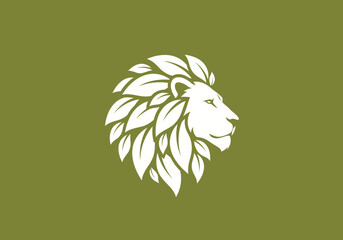 White lion head logo with leaves mane on olive green © pikri