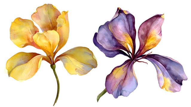 Colorful Watercolor Iris Flowers Yellow Purple