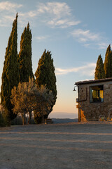 Stone house with tall cypress trees and open countryside under a pastel sky. A quiet Tuscan scene with a timeless rural atmosphere. © Lukasz