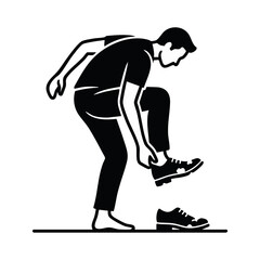 Fototapeta premium Person removing heat ruined footwear. Black and white silhouette vector illustration. Melting shoe and extreme summer weather concept isolated on transparent background