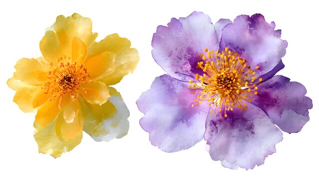 Bright Yellow Flower and Purple Flower Watercolor Contrast