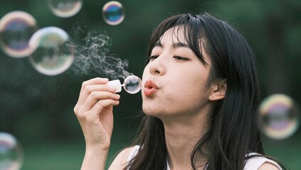 Young woman blowing bubbles outside on a summer day surrounded by lush greenery