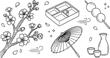 Japanese culture line art vector set featuring cherry blossom branch, wagashi dango, sake bottle, parasol umbrella and bento illustration © Shasa icon studio