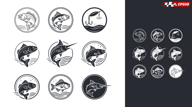 Collection of various fish and fishing lure emblems in circular frames.