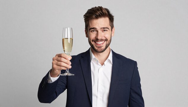 Cheerful man in a suit raising a glass of champagne in a celebratory toast