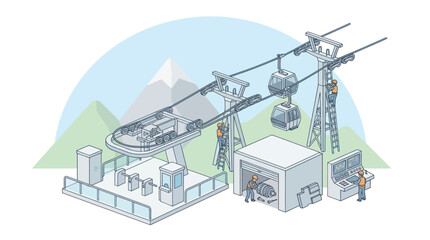 Isometric illustration of a modern cable car station with gondolas and mountain scenery. © Fais