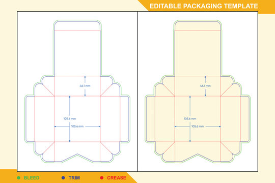 Tuck front flip box dieline layout, showing technical folding lines with precise measurement markers for manufacturing a custom cardboard container assembly