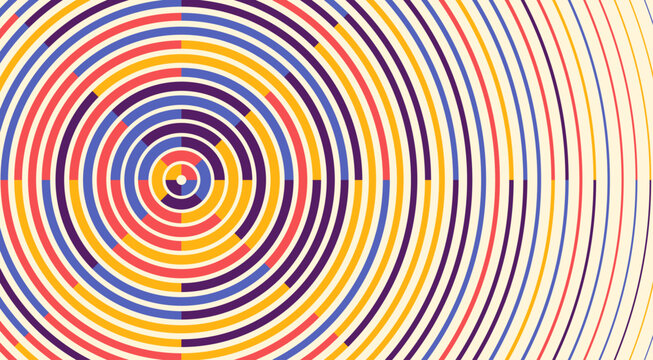 Colorful concentric circles radiating from a central point creating a bold hypnotic op art pattern. Vector illustration.