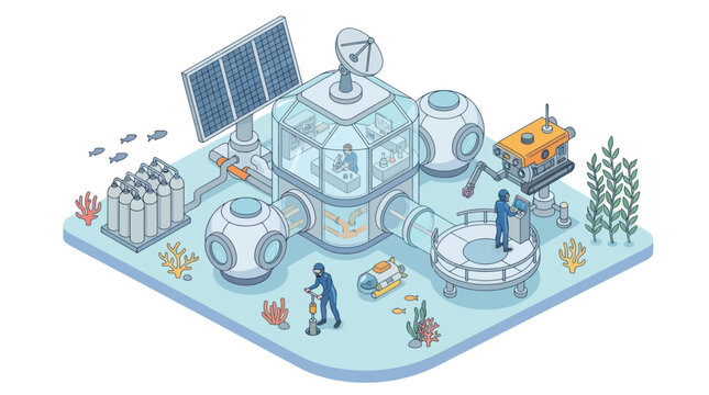 Isometric underwater research station with divers and marine life.