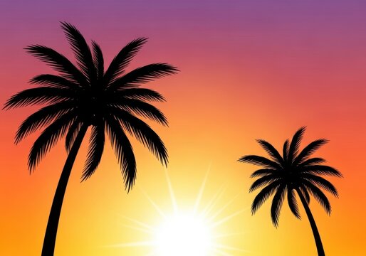 Two palm trees at sunset on beach