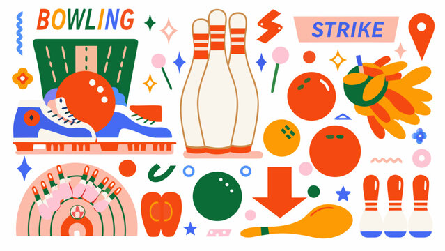 Bowling pins balls and shoes illustration in a flat vector style with energetic color palette ball strike