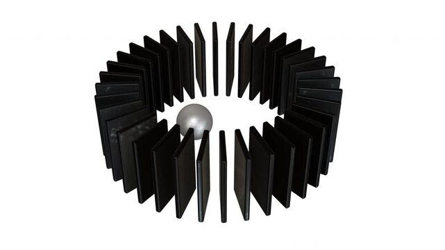 Abstract 3D circular array of rotating black rectangular segments with a metallic sphere on a transparent background. Seamless loop motion graphic for technology, branding, presentations and more