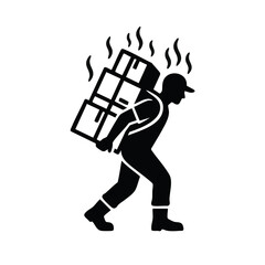 Obraz premium Delivery worker carrying heavy hot boxes. Hard labor in extreme heatwave concept. Flat vector silhouette