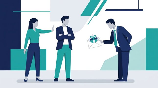 Two employees discuss receiving gifts from clients while a third person offers a gift. The setting is focused on workplace ethics.