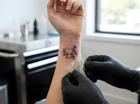 A tattoo artist removes the protective film from a tattoo on his wrist