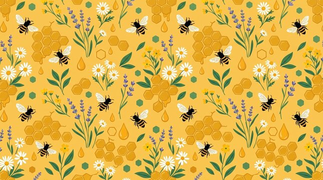 Honeybee Seamless Pattern Bees Honeycomb Wildflowers Lavender Golden Design