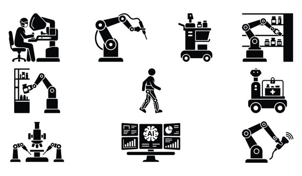 Robotic arms and medical technology icons with a person in a lab and a bionic exoskeleton