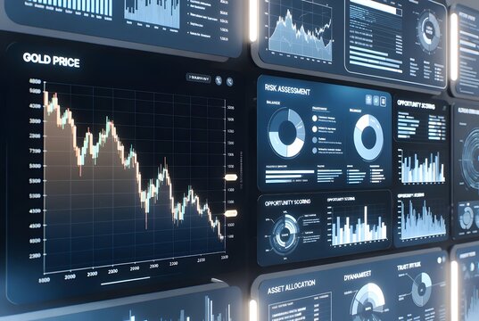 Subject: gold price chart shows price drop contrasted with structured portfolio growth architecture and balanced allocation models, Environment: sophisticated investment research environment with stra