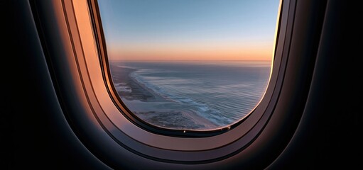 Fototapeta premium From an airplane window, a serene beach scene at twilight features a glowing horizon and gentle sea under warm, soft lighting.
