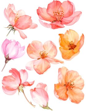 Watercolor Pink Orange Flower Bouquet Fresh Spring Blossoms