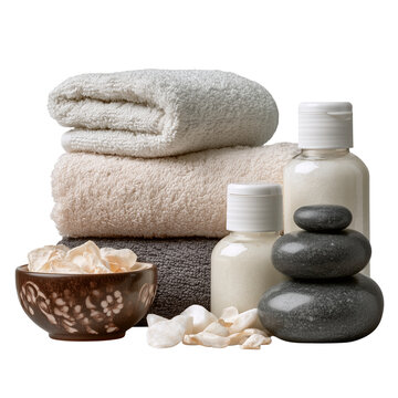 Elegant spa essentials collection featuring towels bottles stones and scrub in neutral tones isolated on a transparent background