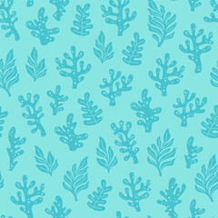 Fototapeta premium Hand drawn seamless pastel marine pattern with stylized corals, playful ocean themed boho background with pastel turquoise on turquoise background