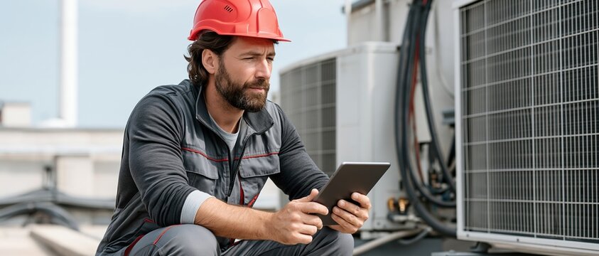 Skilled technician in red hard hat uses digital tablet to diagnose rooftop HVAC system. Ideal for energy services, building maintenance, smart infrastructure, and field service campaigns.