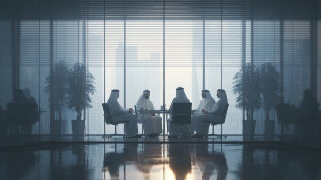Arab Businessmen Meeting in Modern Office with City View.