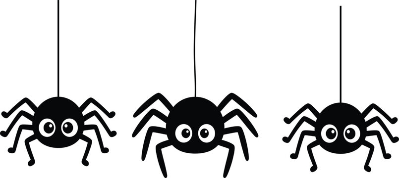 Cute cartoon black spider hanging on a thread vector illustration with halloween arachnid isolated character friendly minimalist decoration creature celebration wildlife whimsical childish