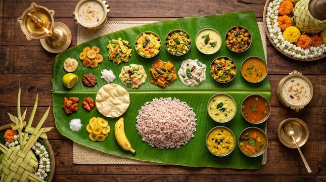A traditional Kerala Onam Sadya feast served on a large green banana leaf with various side dishes, red rice, payasam, and traditional brass lamps