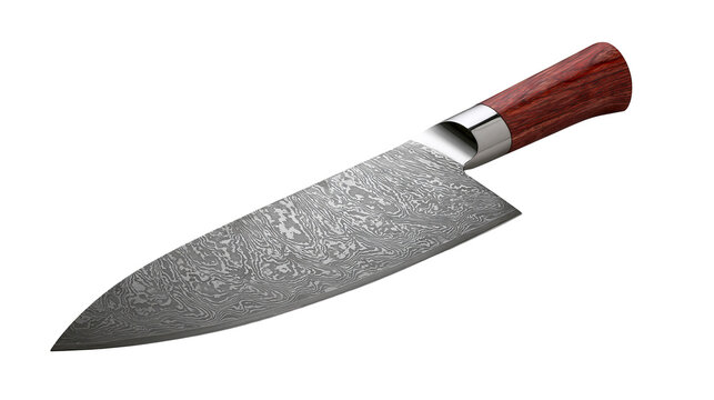 Sharp Damascus steel chef knife with polished metal bolster and wooden handle, isolated on transparent background