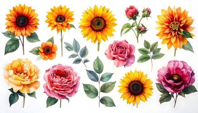 Vibrant Sunflowers and Roses Arrangement on White Background
