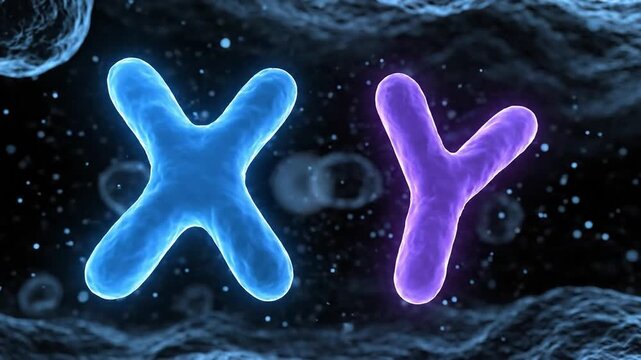 Microscopic view of glowing X and Y chromosomes drifting in a dark cellular void