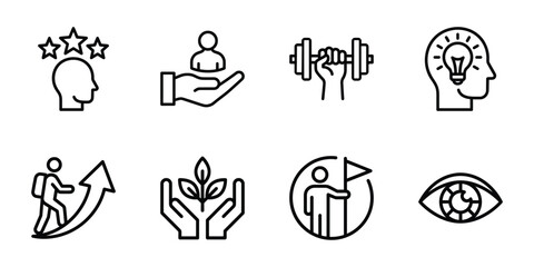Set of human development and lifestyle line icons featuring physical training education goal setting, training © Suhel_ICON_Design