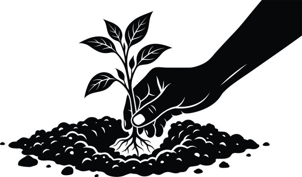 Black and white vector illustration of a human hand carefully planting a young green sapling into fertile soil, representing gardening, nature conservation, and sustainability.