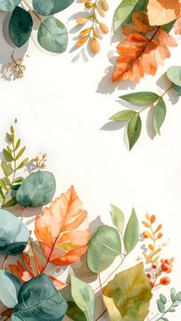 Colorful Autumn Leaves Border on White Background
