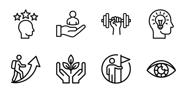 Set of human development and lifestyle line icons featuring physical training education goal setting, training