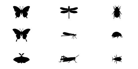 Fototapeta premium Insect Silhouettes Set of Nine Detailed Black Winged Bugs and Beetle, Dragonfly and Grasshopper Shapes on White Background