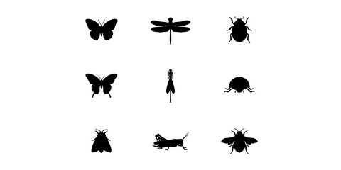 Fototapeta premium Insects Set of Nine Black Silhouette Icons on White Background with Diverse Wings and Antennae for Nature Concept Design
