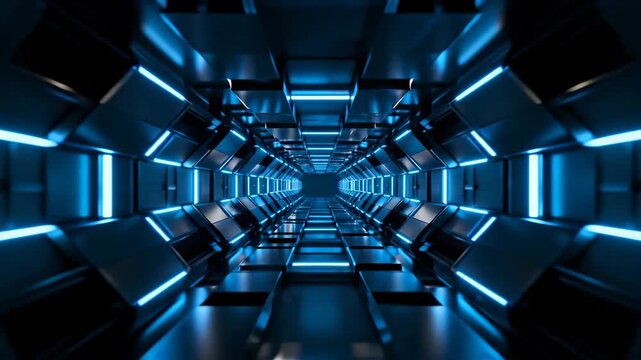 Futuristic sci-fi tunnel with glowing neon blue lights and dark metallic panels 3D render background