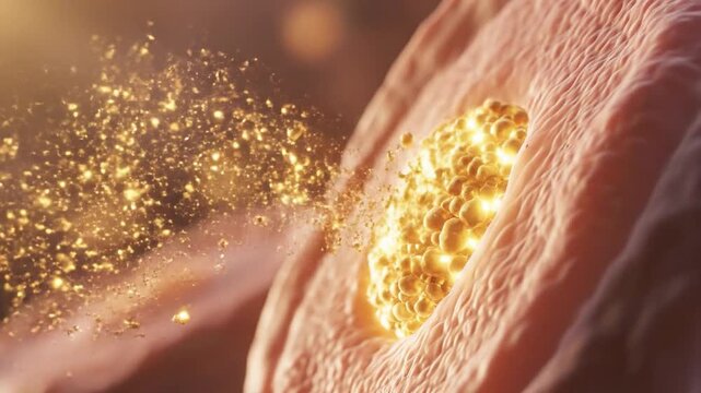 Microscopic view of golden vitamin C molecules entering a healthy cell for nutrient absorption